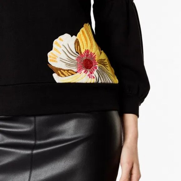 KAREN MILLEN Floral Embroidered Black Casual Cotton Balloo Sleeve Sweatshirt Top - Picture 5 of 16